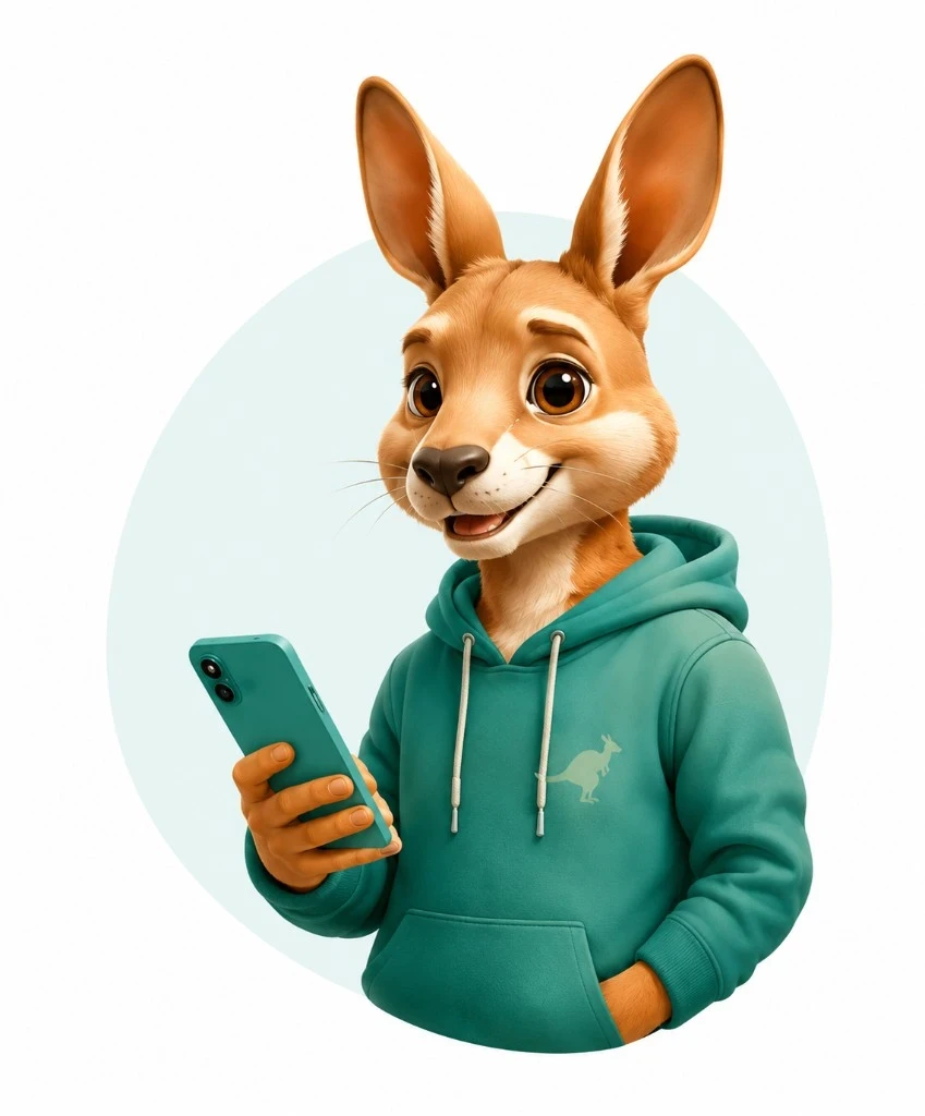 Kangur mascot with a phone